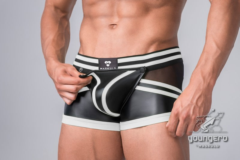 Youngero Generation Y. Men's Trunk Shorts. Codpiece. Zippered Rear. Black+White 'Neon'
