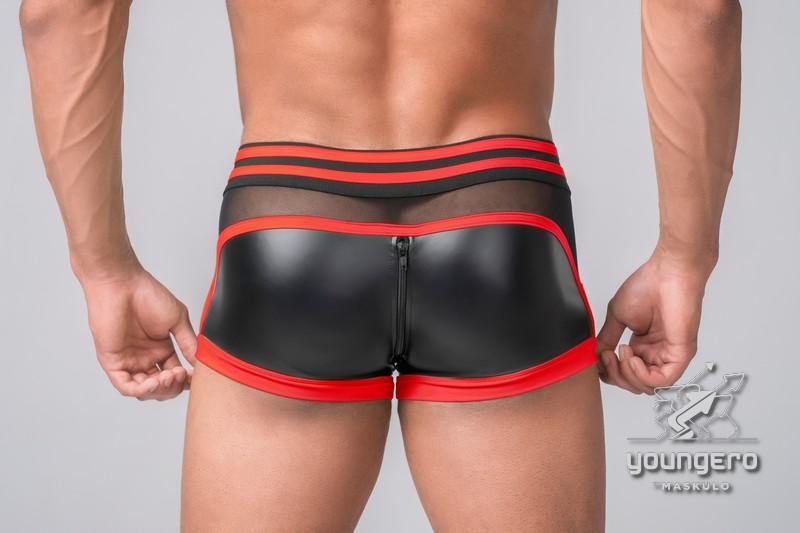 Youngero Generation Y. Men's Trunk Shorts. Codpiece. Zippered Rear. Black+Red
