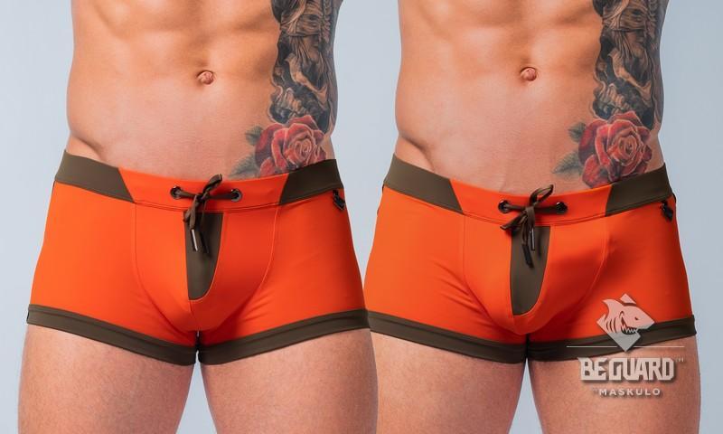 Swimming Trunk Shorts with Zip Imitation on the Front. Orange+Brown