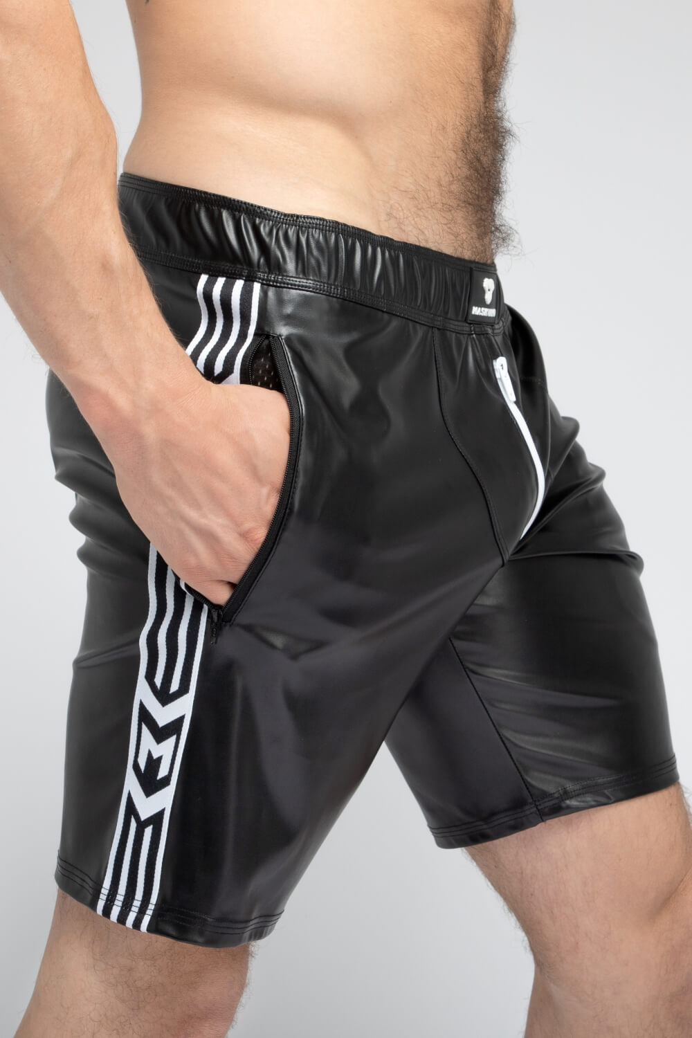 Skulla. Leatherette Soccer Shorts. Black+White