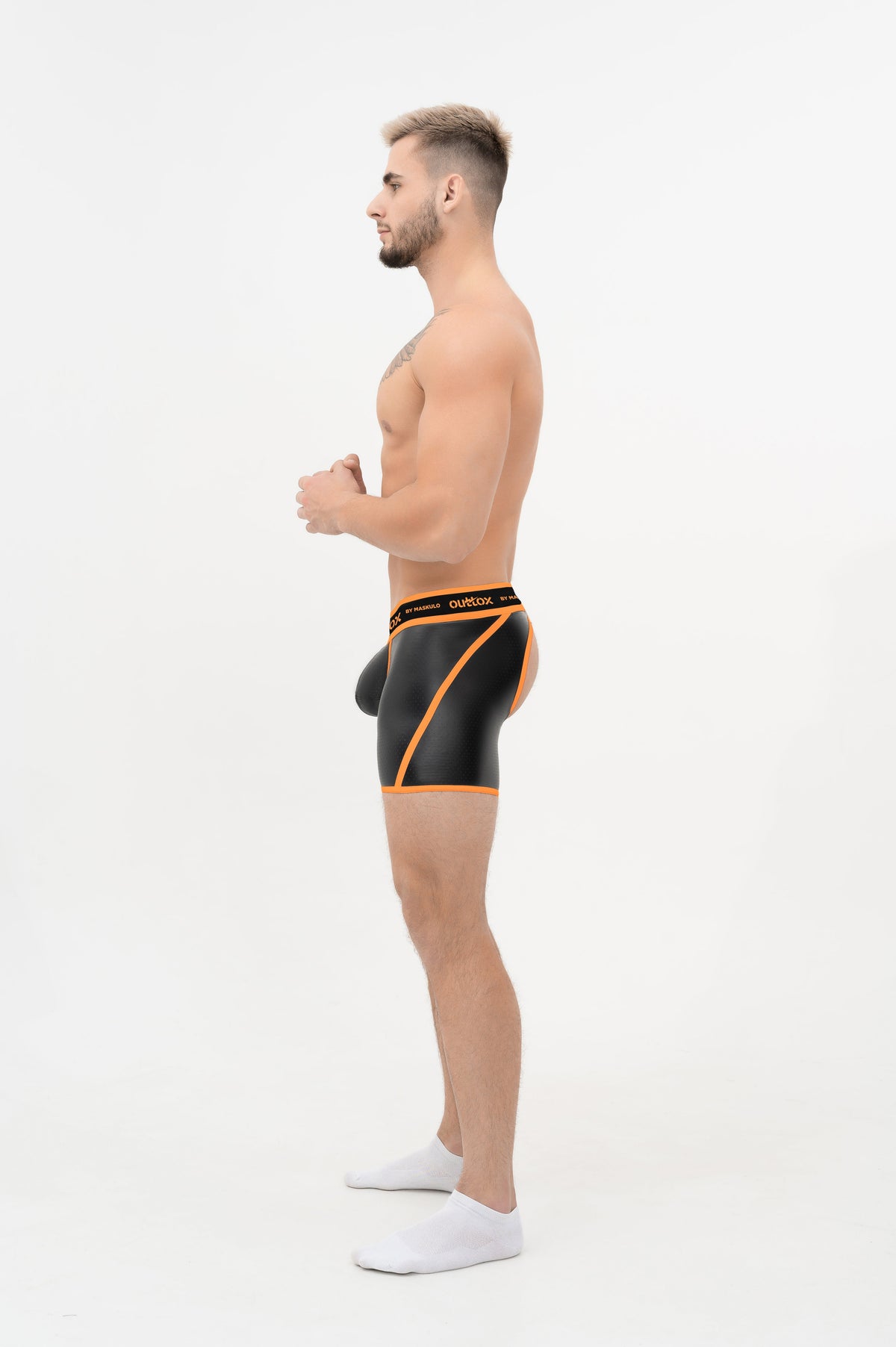 Outtox. Open Rear Shorts with Snap Codpiece. Orange 'Neon'