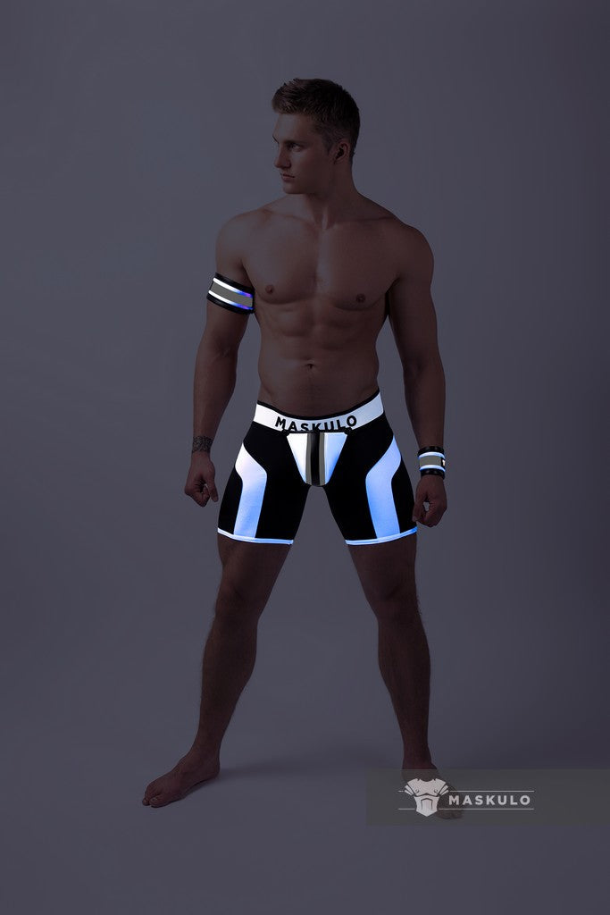 Youngero. Men's Fetish Cycling Shorts. Codpiece. Zipped Rear. Black+White 'Neon'