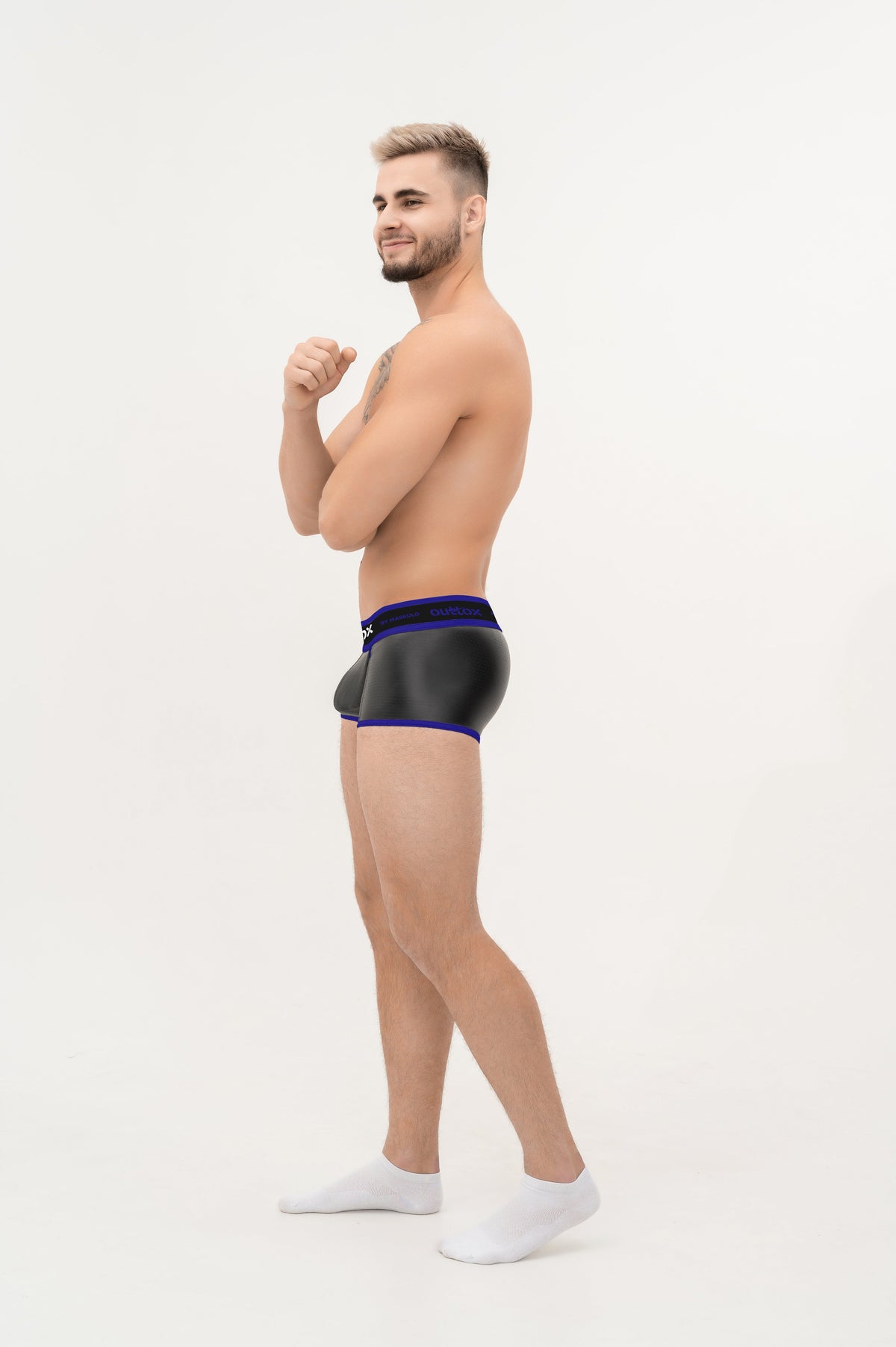 Outtox. Wrapped Rear Trunk Shorts with Snap Codpiece. Blue