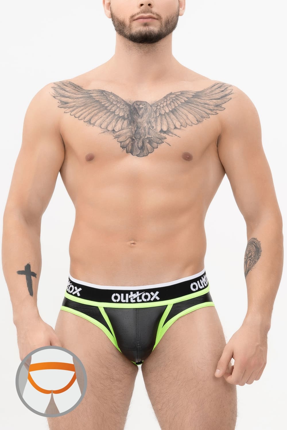 Outtox. Open Rear Briefs with Snap Codpiece. Black+Green 'Neon'