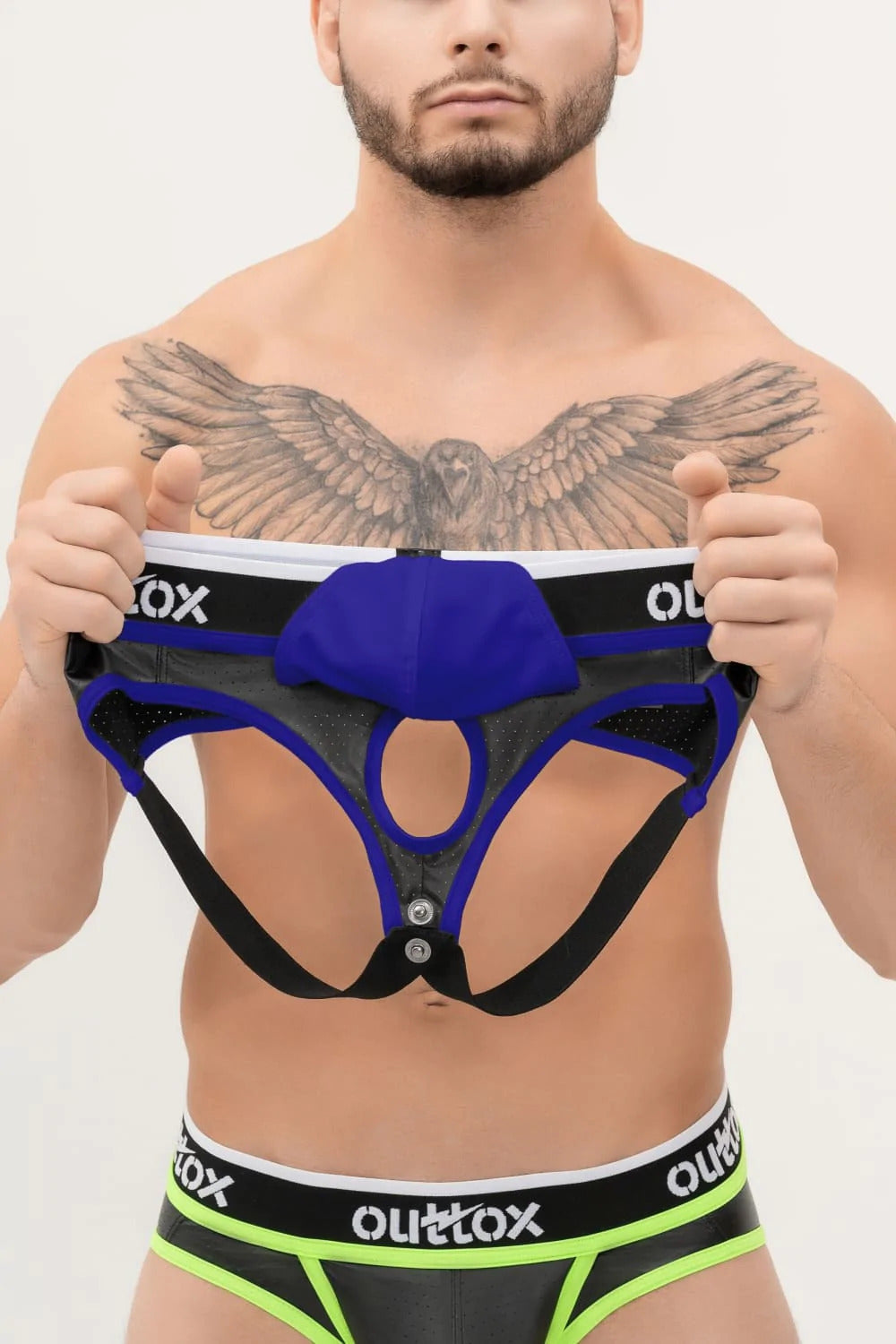 Outtox. Open Rear Briefs with Snap Codpiece. Black+Blue 'Royal'